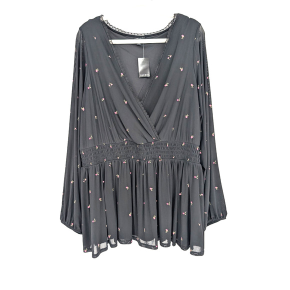 Torrid Black Dainty Floral Mesh Surplice‎ Babydoll Top Coquette Whimsigoth 3X - Picture 5 of 12